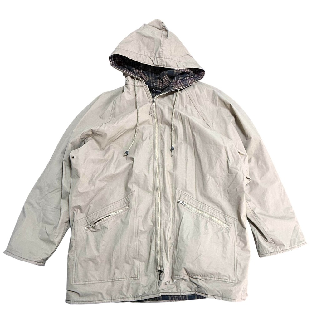 Totes Rain‎ Coat Mens Large Beige PVC Hooded Flannel Lined Insulated Jacket